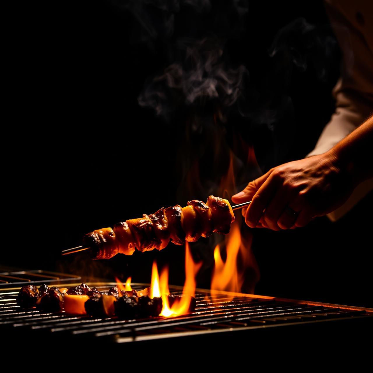 Chef grilling kebabs over open flame